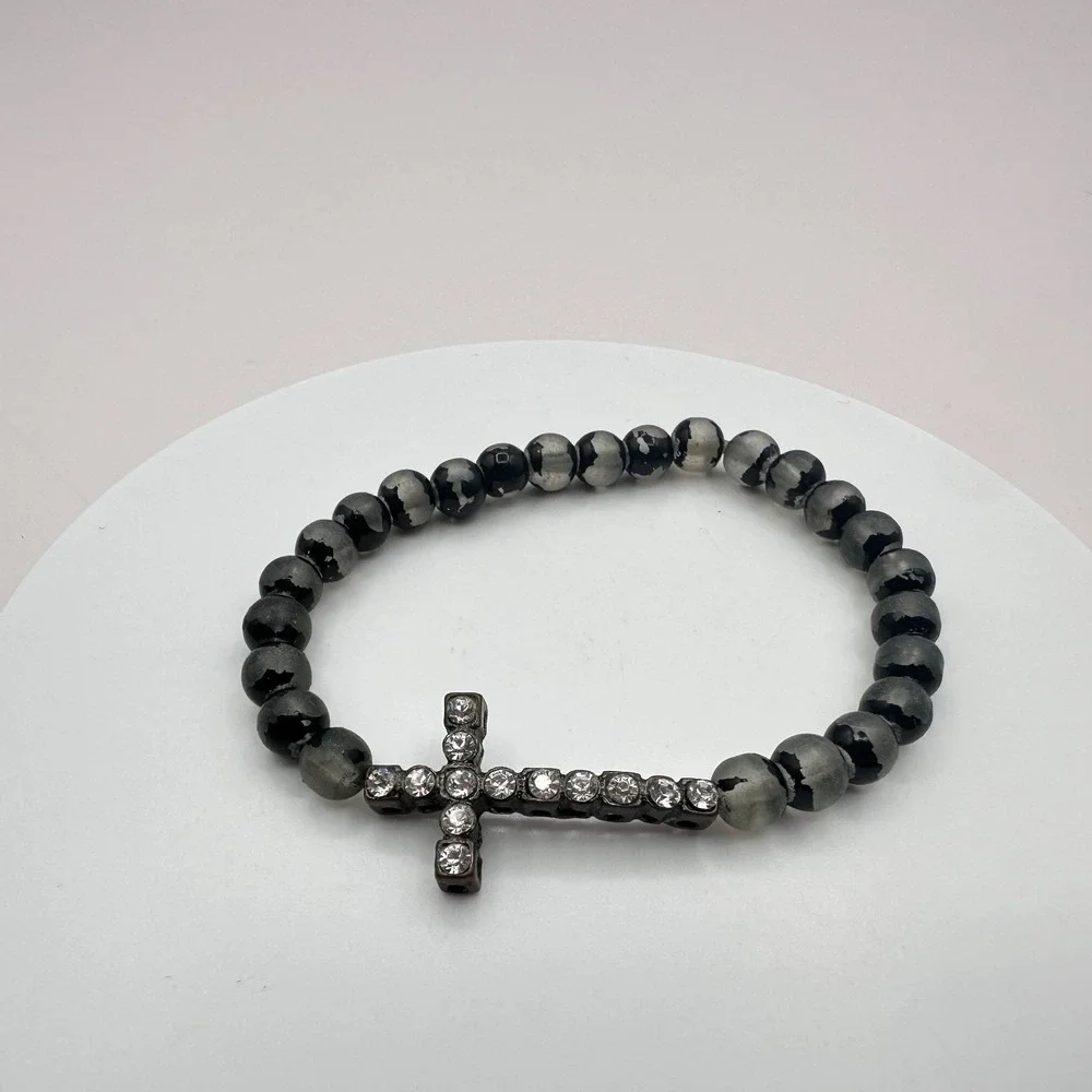 Vintage 90s Clear Glass Beaded Cross Bracelet Goth Religious Fashion Jewelry 90s